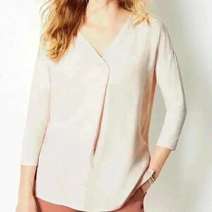 J. Jill Mixed Media Relaxed V-Neck Top Blouse Bisque Beige Women's S 3/4 Sleeve